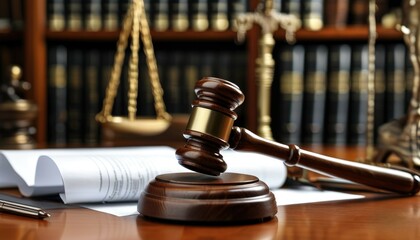 gavel resting nearby, representing authority and justice in the office environment.