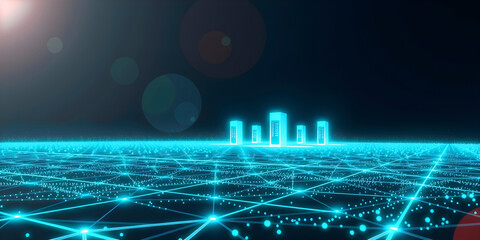 A cyberspace representation of servers and connections on the Internet with blue, turquoise colors that are connected to each other and show the individual cognitive points plus their connection