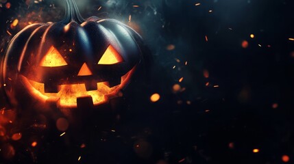 Naklejka premium Floating in the air ominous pumpkin with a burning face. Ominous banner on green with a flying tick