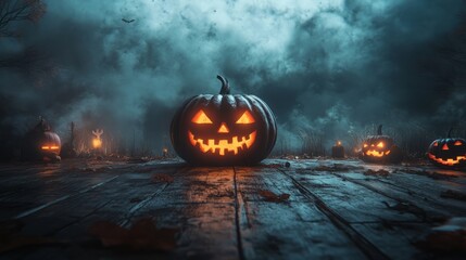Halloween jack-o-lantern pumpkin jack stands on the wooden wing of the house, which is closed by a fog curtain. Happy drinking. Generation using AI