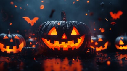 Halloween jack-o-lantern pumpkin jack standing on a dark background with flying bats. Happy Halloween. Generation using AI