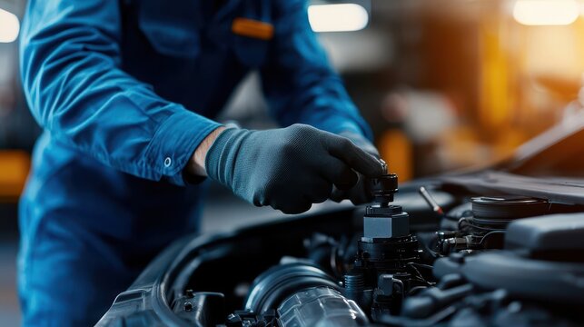 Mechanic tuning an internal combustion engine in a high-tech garage, precision tuning, performance optimization