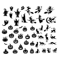 Set of silhouettes for Halloween such as witch on a broom, black cat, Jack-o'-lantern, ghost. vector illustration