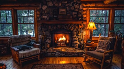 A cozy cabin nestled in the woods, featuring wooden interiors, a stone fireplace, and soft, warm lighting. The inviting atmosphere creates a perfect retreat for relaxation and comfort.