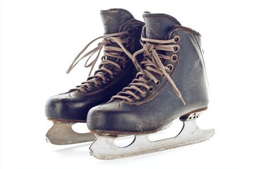 pair of vintage ice skates is featured side by side showcasing their blades and intricate laces against a bright white background enhancing their classic design.