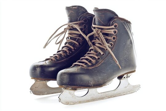 pair of vintage ice skates is featured side by side showcasing their blades and intricate laces against a bright white background enhancing their classic design.