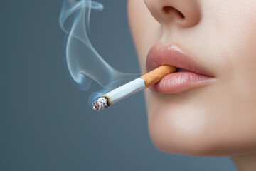 Fototapeta premium Smoke and Mirrors: A close-up shot of a woman's lips as she inhales from a cigarette, the smoke wisping gently around her face. This image evokes a sense of mystery and intrigue.