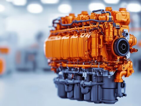 Cross-section of a hybrid engine showing the transition between electric and combustion power, hybrid engines, dual power systems