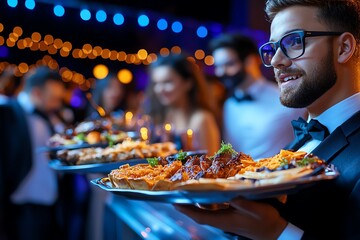 A themed Halloween party with guests dressed as famous horror movie characters, enjoying food and drinks in a spooky atmosphere.