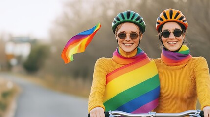 LGBTQ couple sharing a bike ride, rainbow scarves fluttering, concept of love and adventure