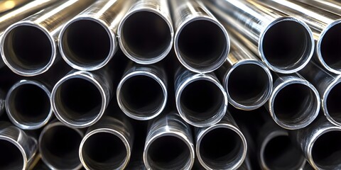 A stack of stainless steel pipes with the word steel