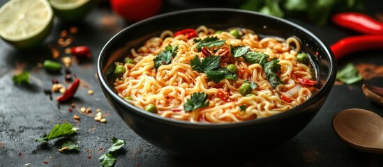 A bowl of spicy ramen noodles with cilantro, peas, and chili peppers.