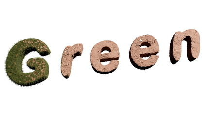 Grass Sprouting on Earth Textured 3D Word 'Green' - Transparent PNG