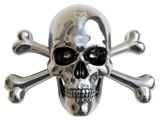 PNG Skull with cross bone Chrome material silver white background representation.