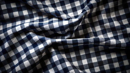 The fabric features a classic navy and white gingham pattern, draped in soft folds that highlight its texture and vibrant colors, perfect for various textile applications. Generative AI