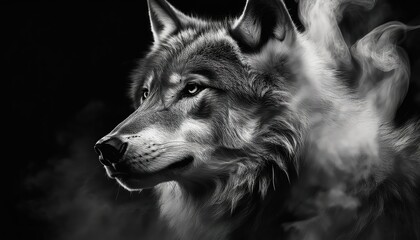 wolf head portrait, side view of  Mystical Shadows: Grey Wolf in Digital Smoke