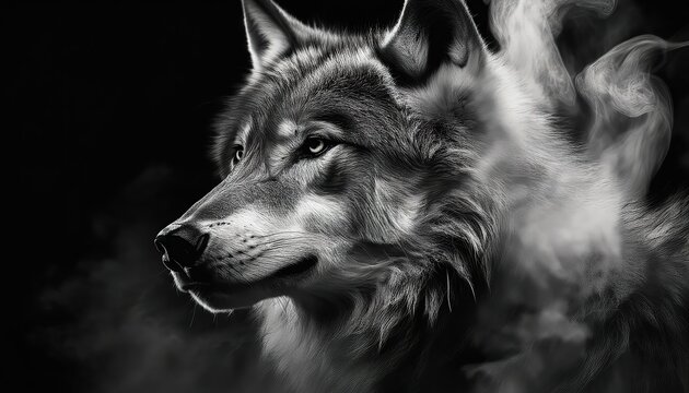 wolf head portrait, side view of  Mystical Shadows: Grey Wolf in Digital Smoke