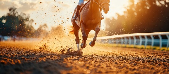 Obraz premium A brown racehorse gallops down a dirt track, kicking up dust with its hooves as it races towards the finish line in the golden hour.