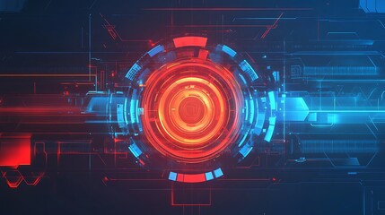 Futuristic digital interface with glowing red and blue lights, resembling a camera lens or a scanner.