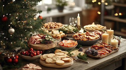 Naklejka premium festive table with various dishes near the Christmas tree