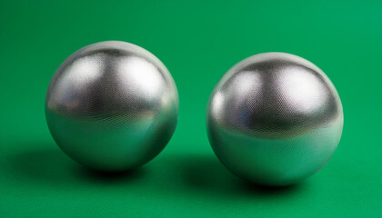 Two silver balls on green background. Metallic sphere.