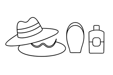 Vector Illustration of a Stylish Sunhat and Sunscreen Bottle on a Beach Towel
