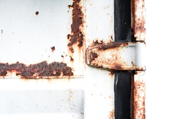 Rust on white metals plate texture.Corrosive grunge rusted on old iron door.The pattern of grunged rust on wall use as illustration for presentation background.Rusty corrosion and oxidized background.