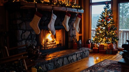 Naklejka premium A cozy fireplace adorned with stockings hung on the mantel, with a beautifully decorated Christmas tree beside it. The warm glow creates a festive and inviting holiday atmosphere
