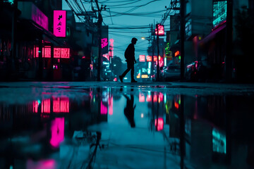 Obraz premium A solitary figure wanders a rain-soaked street at twilight