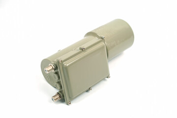C band LNB head for satellite dish, separate on white background, for satellite TV reception and rebroadcast.