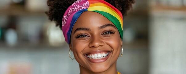 LGBTQ individual with a rainbow bandana, smiling brightly, concept of pride and authenticity