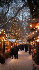 Fototapeta premium bustling Christmas market at dusk with glowing lanterns, shoppers mingling, and a beautifully decorated tree in the center, creating a warm and inviting smartphone wallpaper
