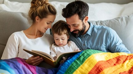 LGBTQ parents reading to their child, rainbow blanket draped over them, concept of family and love