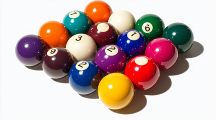 Colorful billiard balls are neatly arranged in a triangle on a white surface showcasing their glossy finish and numbered design under soft overhead lighting.