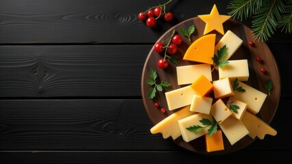 assortment of sliced cheese arranged in form of Christmas tree on round wooden board, red berries, pine branches, dark wooden background. cheese shop or food market advertising campaigns concept.