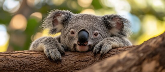 Fototapeta premium A close-up of a koala looking at the camera with its paws resting on a tree branch.