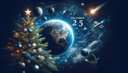 Christmas tree on the background of the globe and outer space, the concept: the whole earth celebrates Christmas