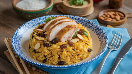 A beautifully presented dish of kabsa, featuring spiced rice with tender chicken, raisins, and roasted almonds.
