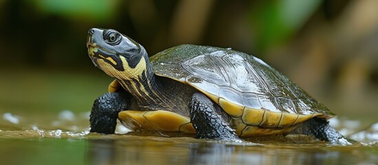 Fototapeta premium A close-up of a turtle swimming in a pond, looking up at the camera. The turtle has a black shell with yellow stripes and is swimming towards the camera.