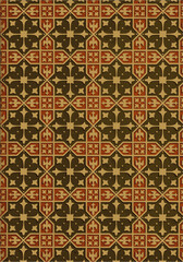  ornate geometric pattern in gold, brown, and red on a dark brown background.