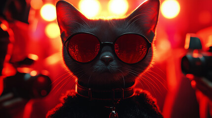Cat as a Hollywood movie star, posing on the red carpet with tiny cameras flashing