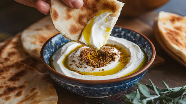 A close-up of fresh pita bread being dipped into a bowl of rich, creamy labneh, topped with olive oil and za&rsquo;atar.
