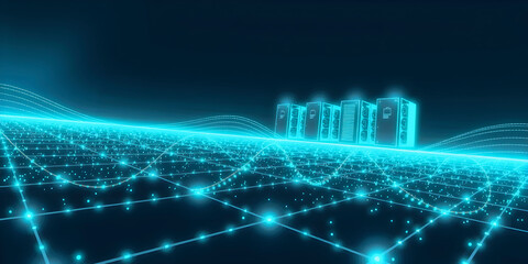 Obraz premium A cyberspace representation of servers and connections on the Internet with blue, turquoise colors that are connected to each other and show the individual cognitive points plus their connection