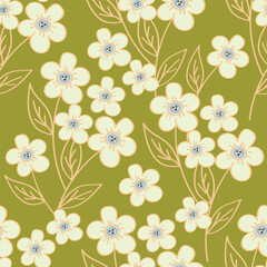 cream vector stock small flowers with green leaves pattern on green background