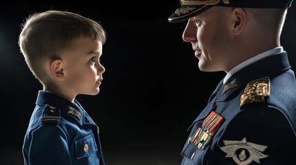 Young boy in military uniform faces adult officer with solemn expressions, conveying themes of discipline, respect, and tradition