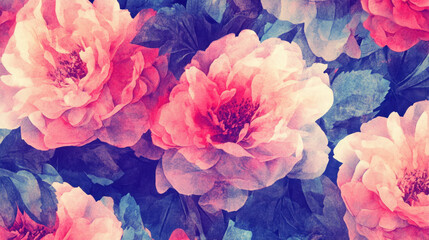 Vibrant and colorful floral patterns displaying blooming flowers against a dark backdrop