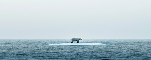 Fototapeta premium Minimalist image of a polar bear on a small ice floe in a vast arctic sea under a clear sky