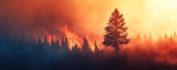 Fototapeta premium Breathtaking image of a lone tree standing amidst a raging wildfire, illustrating the dramatic beauty of nature's fury in a minimalist landscape setting
