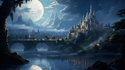 a fantastic landscape with an impregnable castle on top of a mountain near a lake at night under the moonlight