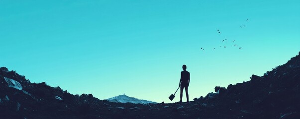 Minimalist poster featuring a lone figure standing on a mountain peak against a vast blue sky, evoking solitude and contemplation